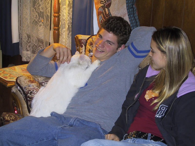 Jason getting sucked on by Spirit the neurotic deaf cat