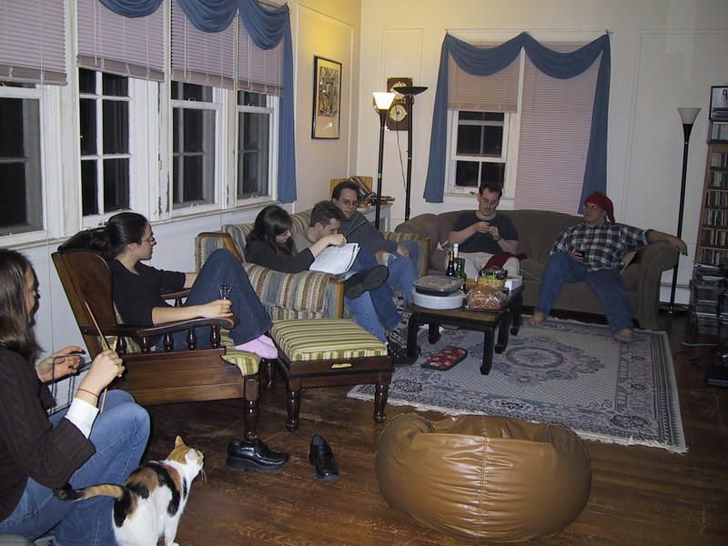 Post-dinner food coma (and knitting bee!)  Annie, Becky, Siobain, Chris, Jeff, Scotty, Rob